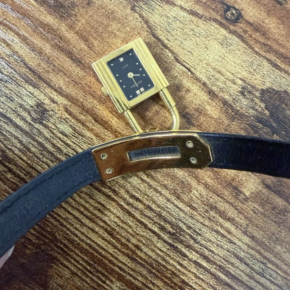 Vintage 80s FUTURA Gold Tone Crystal Padlock Bracelet Watch Black Strap Untested